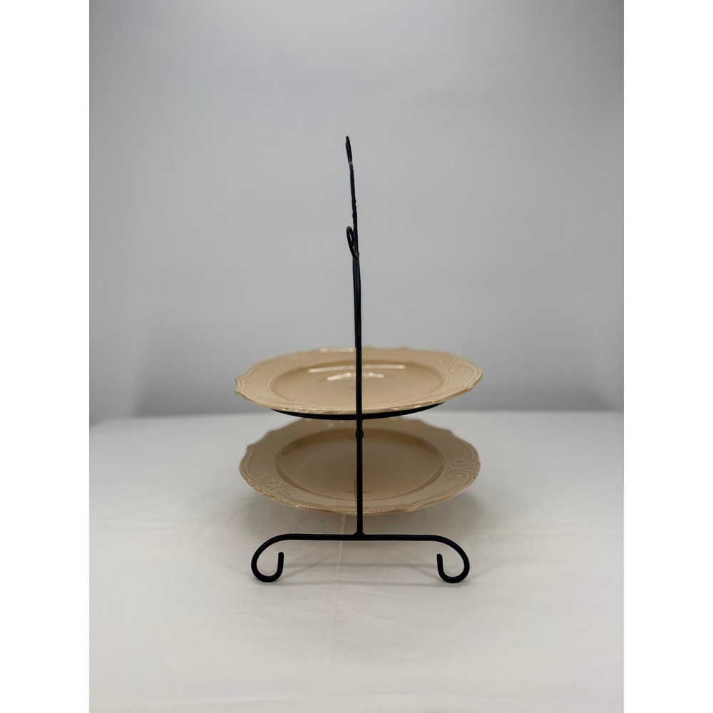 2 Tier Serving Stand with Apple Motif and Scalloped Tan Ceramic Plates - Picture 6 of 6